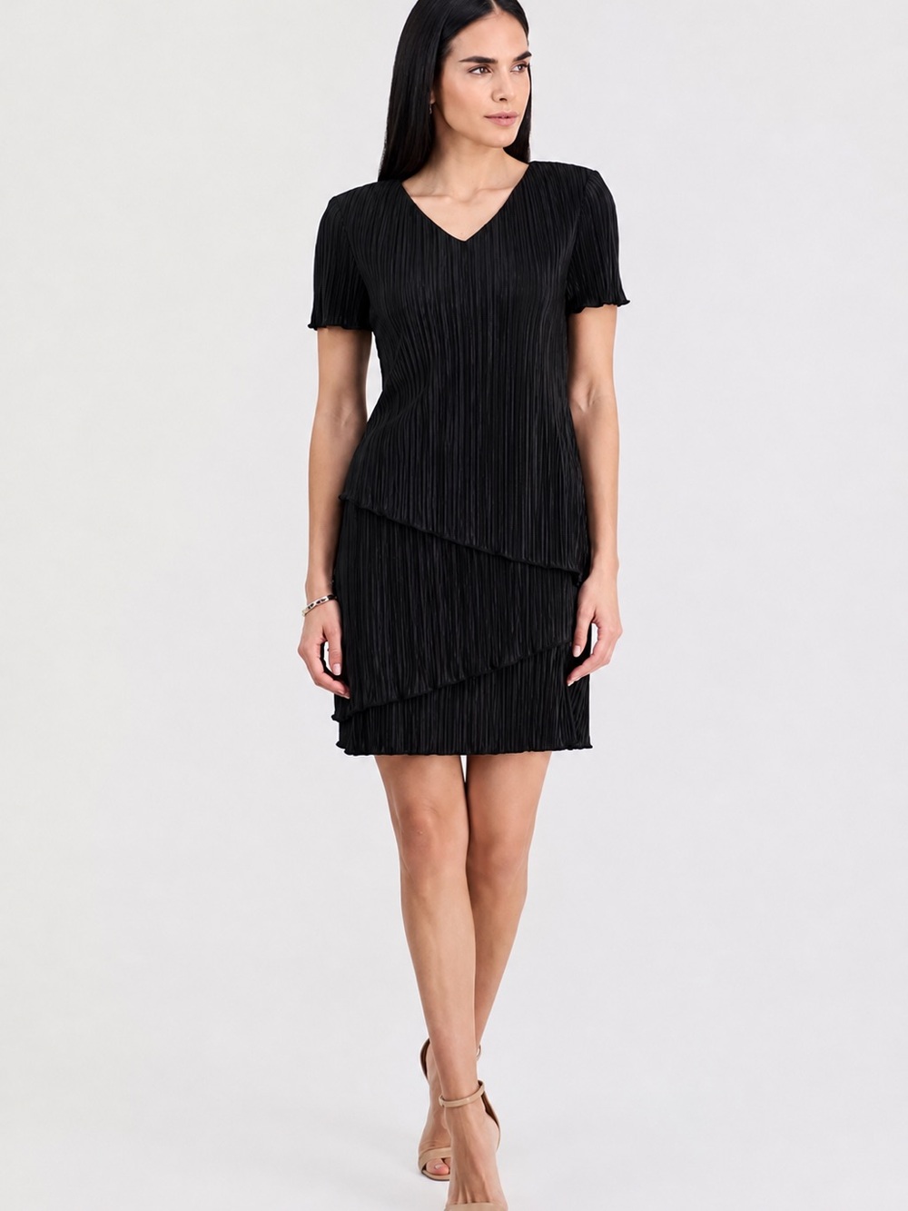 Connected Apparel Black Pleated Tiered Dress Size 12 NWT